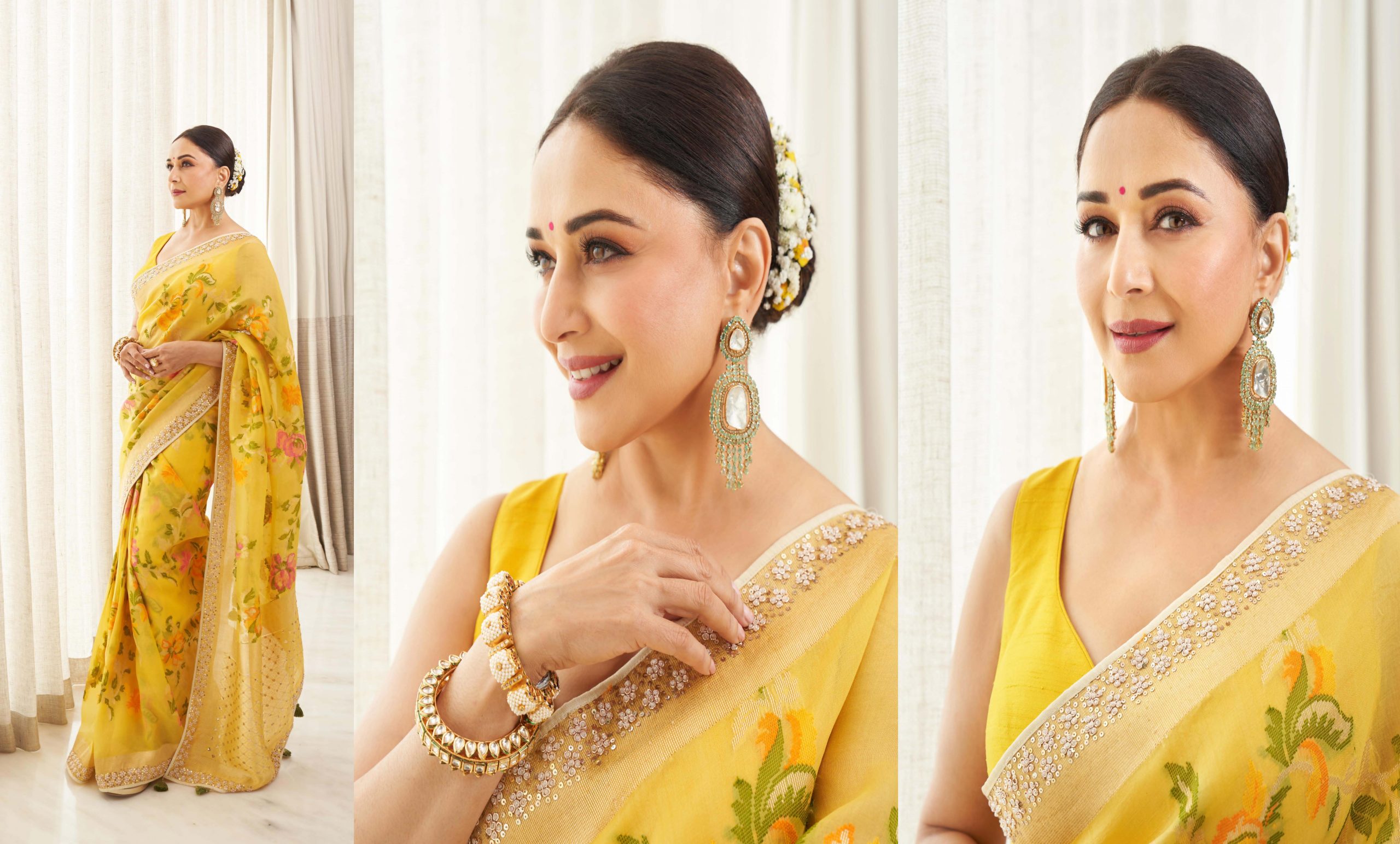 Madhuri Dixit Look: Yellow साड़ी में एक्ट्रेस ने बिखेरा जलवा, देखें कुछ लेटेस्ट तस्वीरें