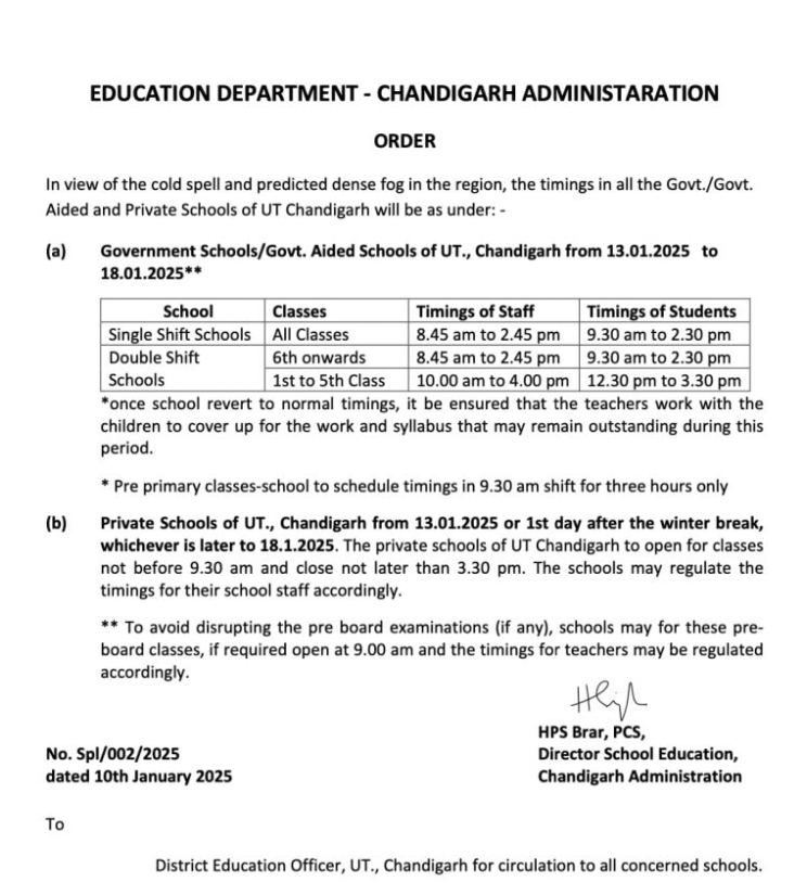 Chandigarh School Timing