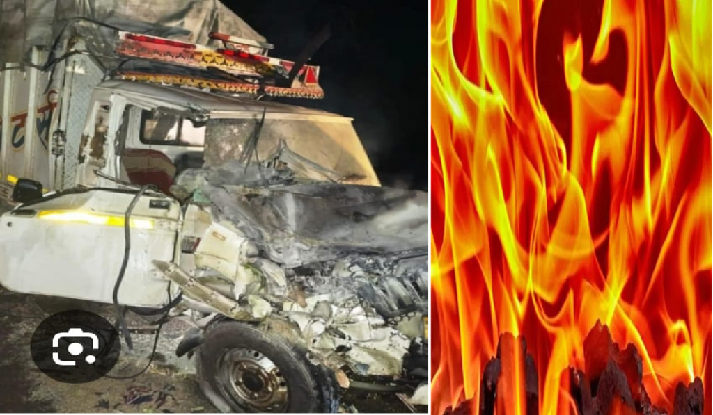 Burnt pickup vehicle after truck collision on Kosli Bypass in Rewari