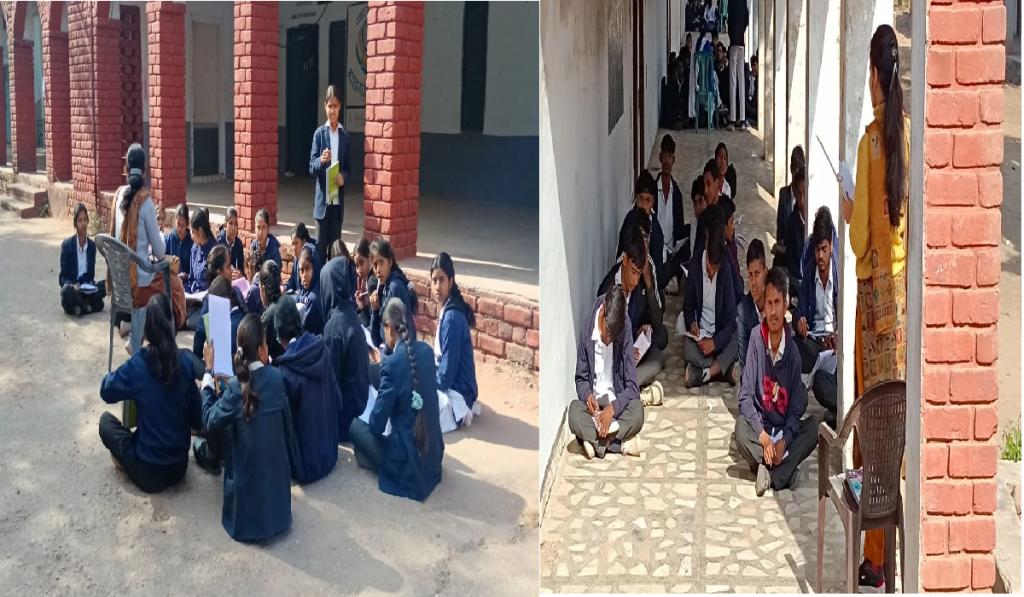 Students sitting on floor inside PM Shri government school classroom in Mahendragarh