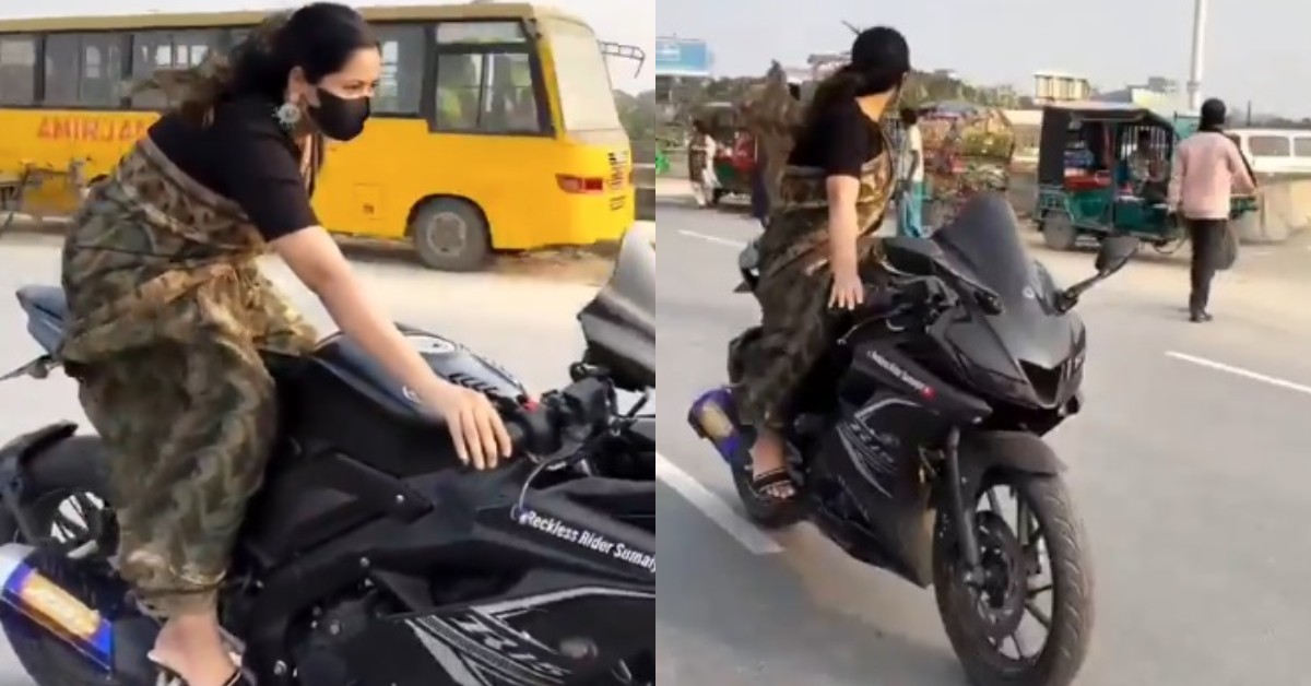 साड़ी पहन महिला ने चलाई स्पोर्ट्स बाइक, खतरनाक स्टंट कर बदल डाली लोगों की सोच