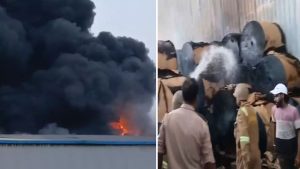 हापुड़ः कूलर बनाने वाली फैक्ट्री में लगी भीषण आग, आसमान में छाया काले धुएं का गुबार, देखें वीडियो