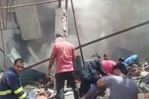 Five workers were scorched when a factory boiler exploded, and the building collapsed.