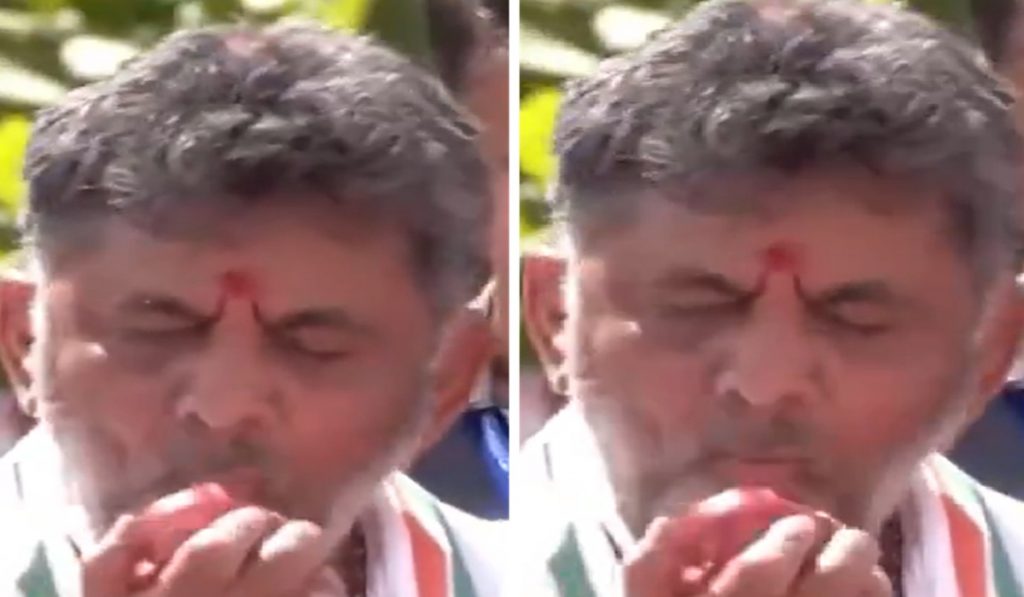 CM DK Shivakumar bitten apple throw Supporters Viral Video Karnataka News