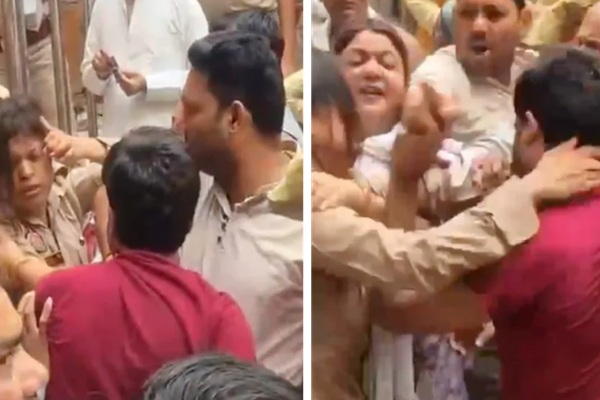 बांके बिहारी मंदिर में महिला सिपाही और श्रद्धालु के बीच विवाद, धक्का लगने के बाद मारपीट का VIDEO वायरल